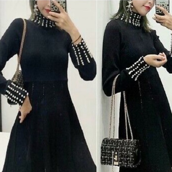 NWT Zara Black Knit Dress With Pearls Women’s Size Medium - Picture 1 of 16